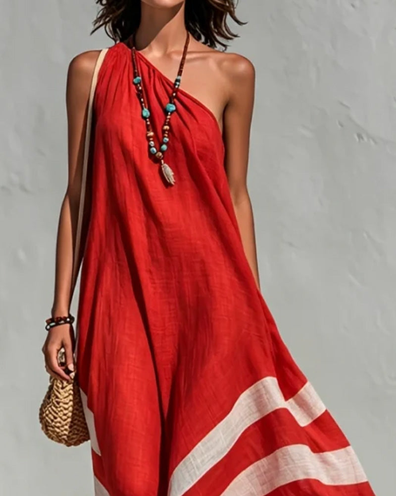 Robe Une Épaule Rayée Bloc De Couleur Jupe Ample