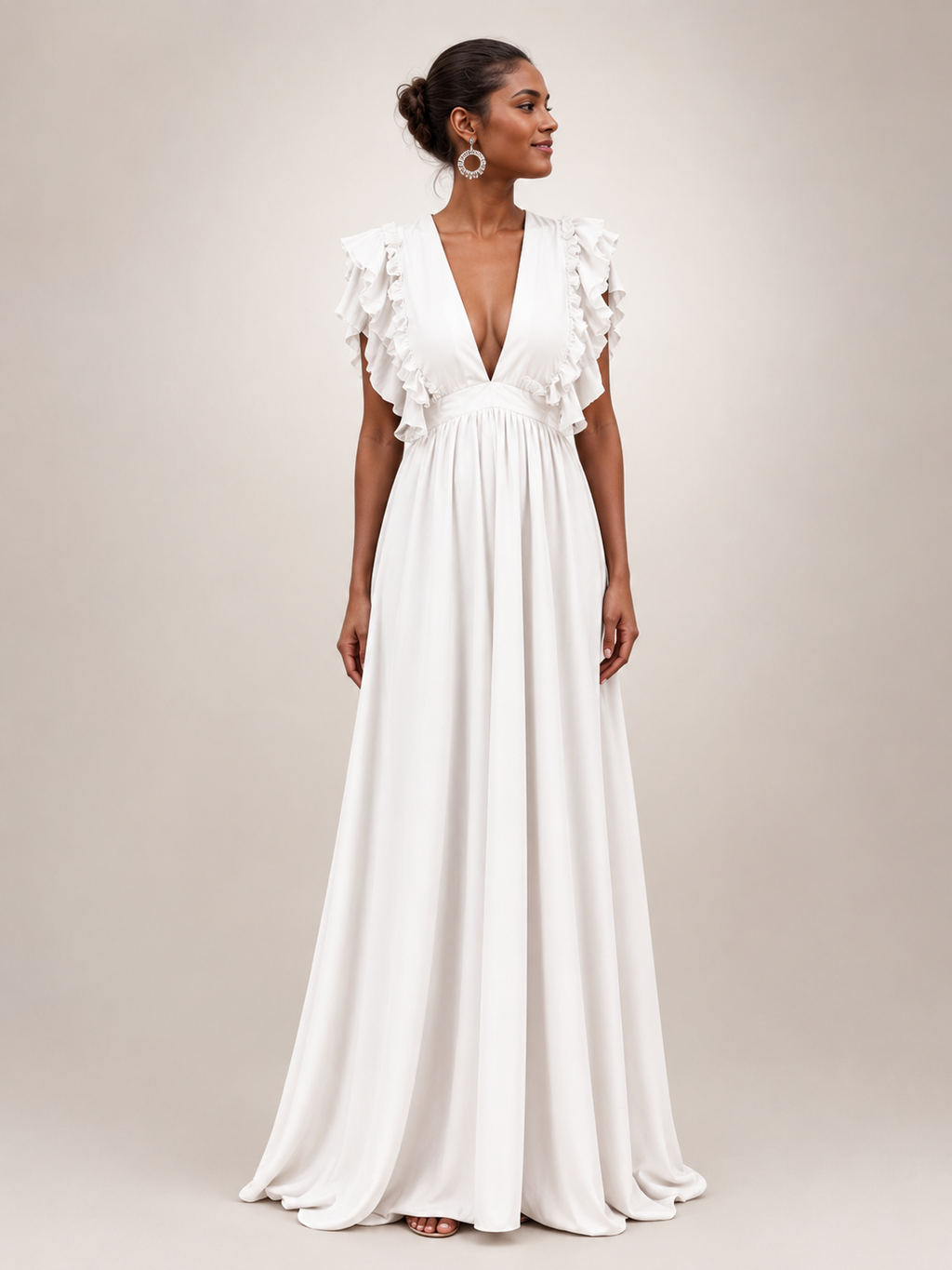 Angelina | Robe maxi dos nu avec manches volantées