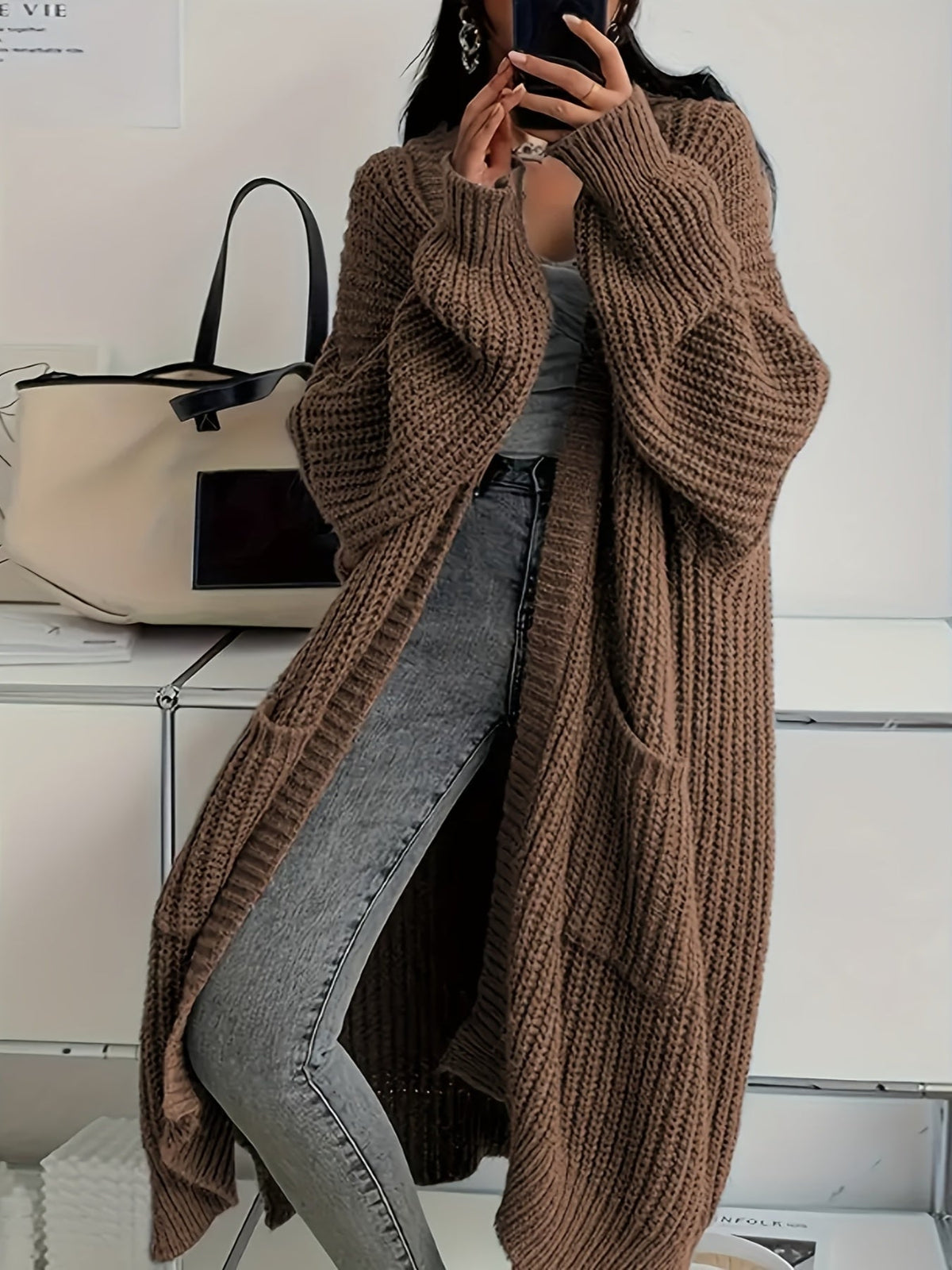 Fenie | Cardigan long pour femmes en tricot épais avec poches