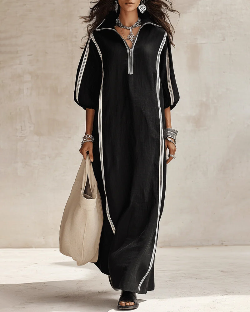 Robe Rayée avec Fermeture Éclair et Col Revers Jupe-Pleine