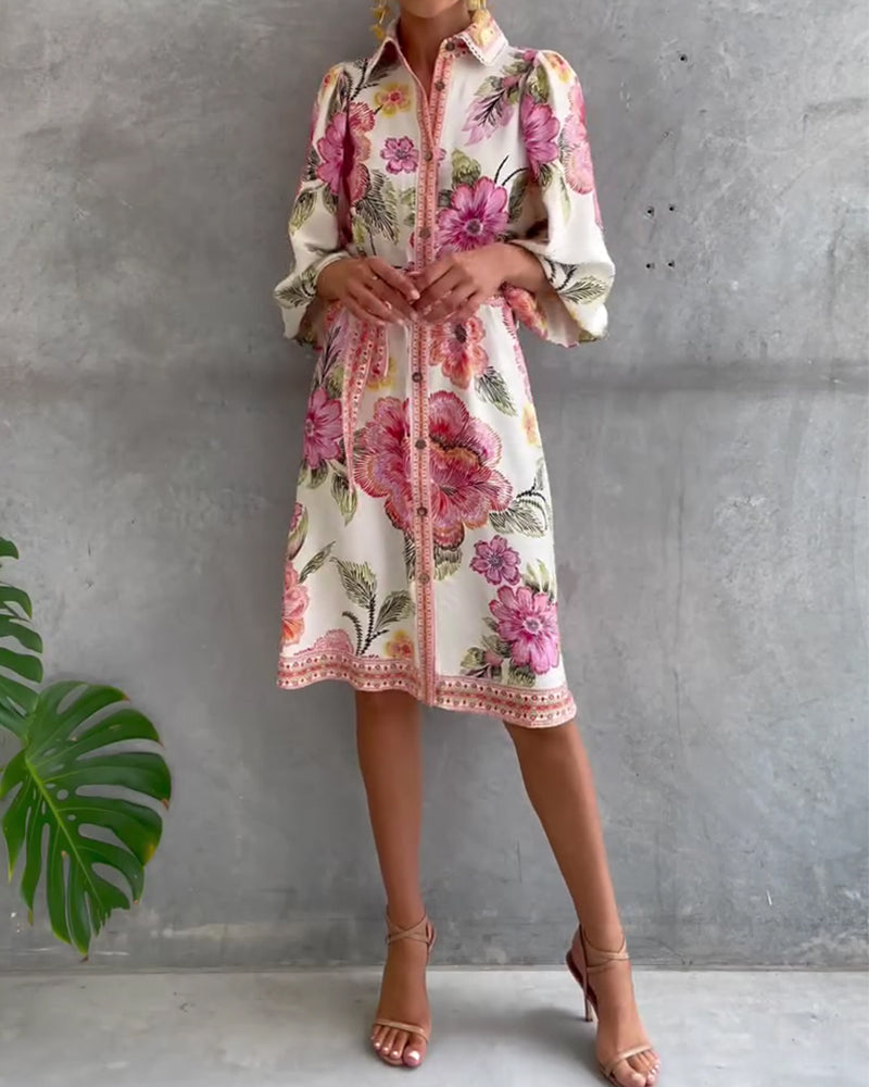 Robe imprimée à col notch et manches en lanterne