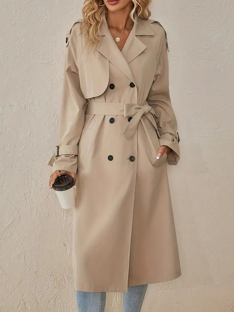 Manteau Trench Long Femme avec Doubles Rangées de Boutons et Ceinture