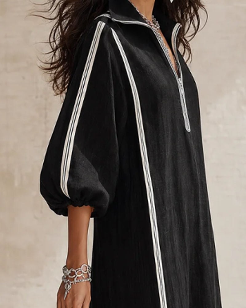 Robe Rayée avec Fermeture Éclair et Col Revers Jupe-Pleine