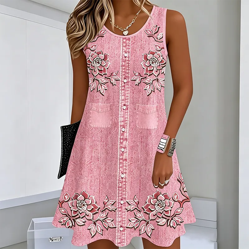 Robe femme sans manches florale avec boutons devant