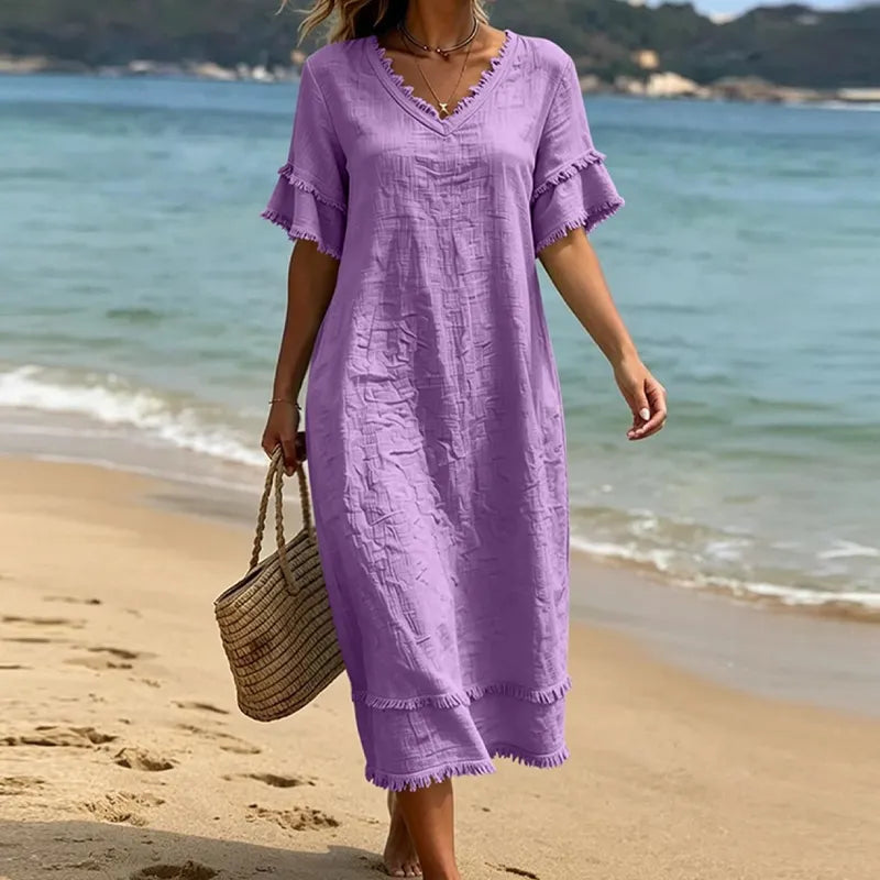 Robe femme bohème col V avec franges et coupe fluide