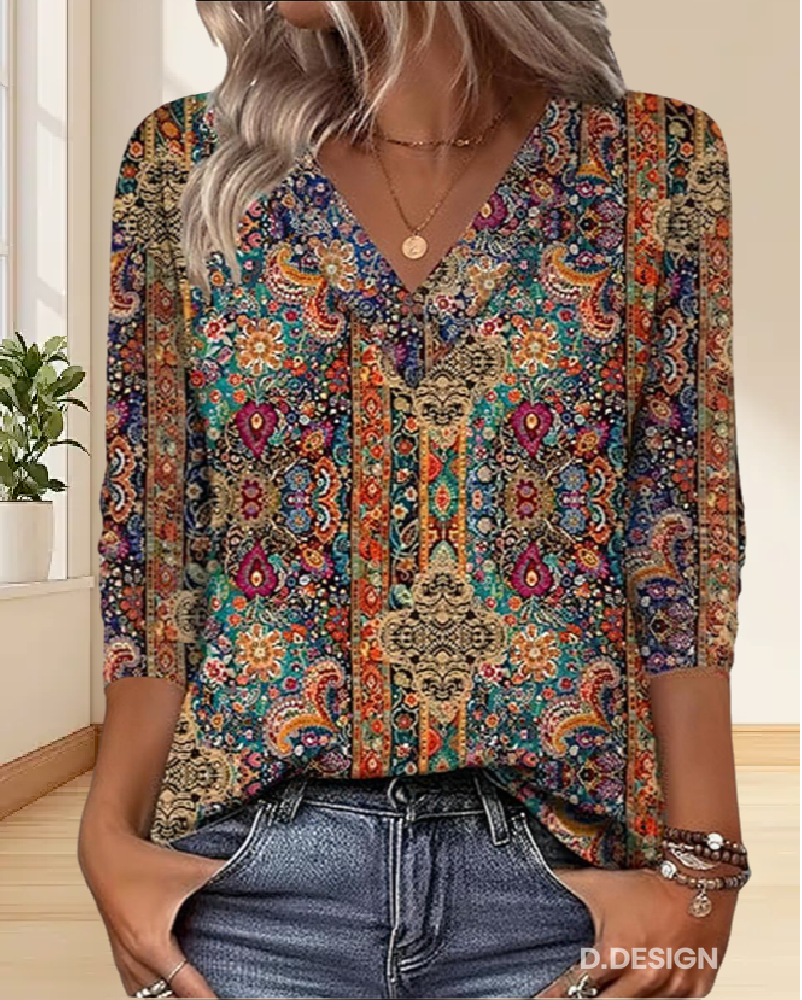 Blouse imprimée à col en V inspirée du vintage