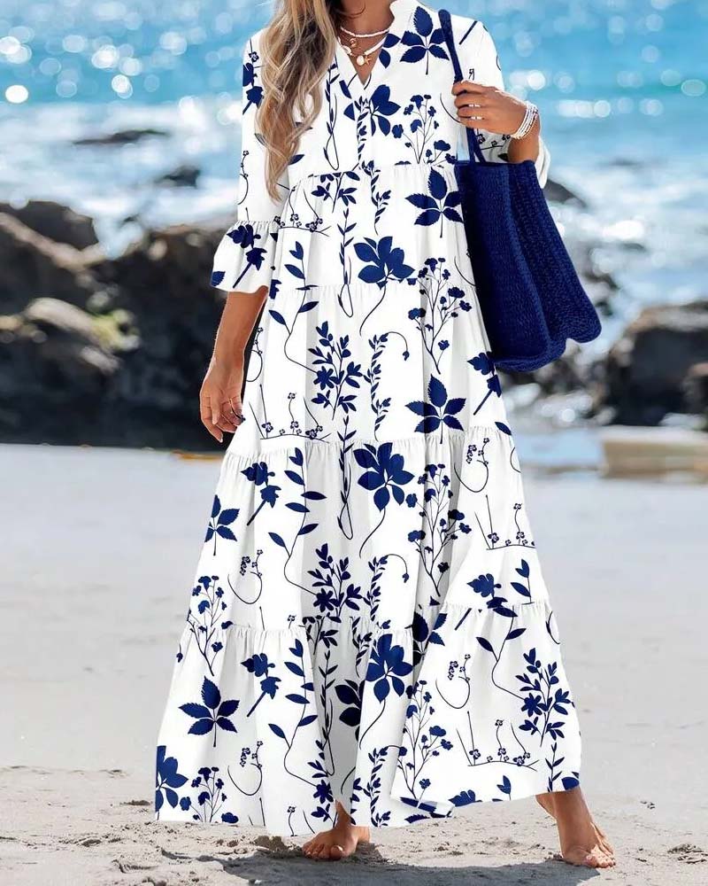 Robe Col En V Fleurie Volant Superposée