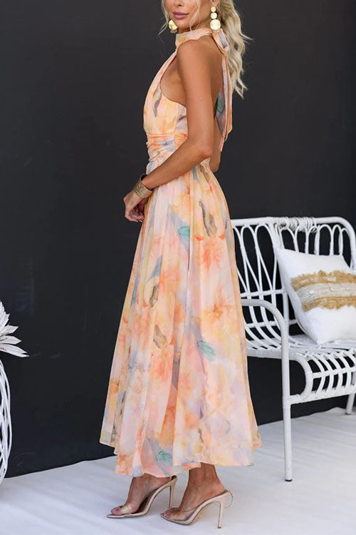 Aurora™ - Robe maxi élégante avec col halter et impression aquarelle