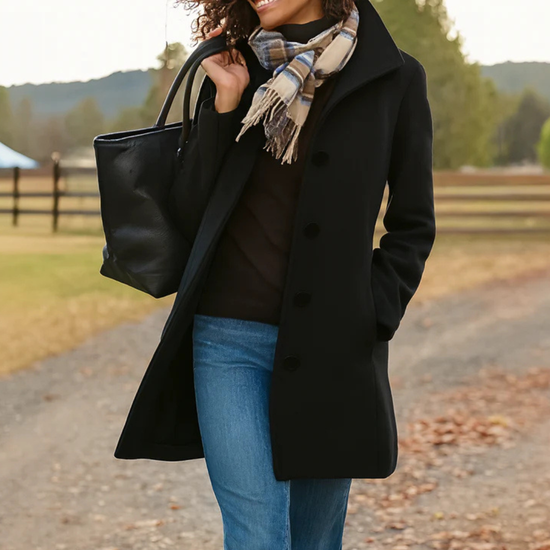 Manteau long femme boutonné à col montant élégant