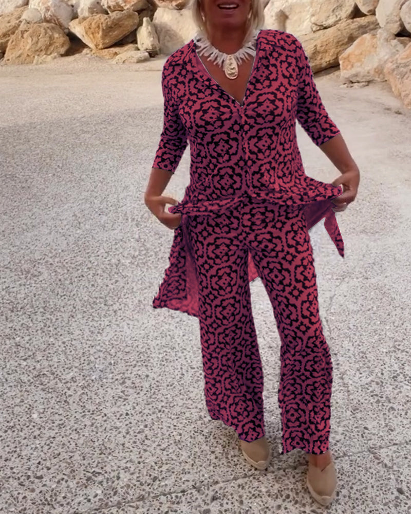 Mosa | Ensemble imprimé pour femmes, chemise longue et pantalon droit