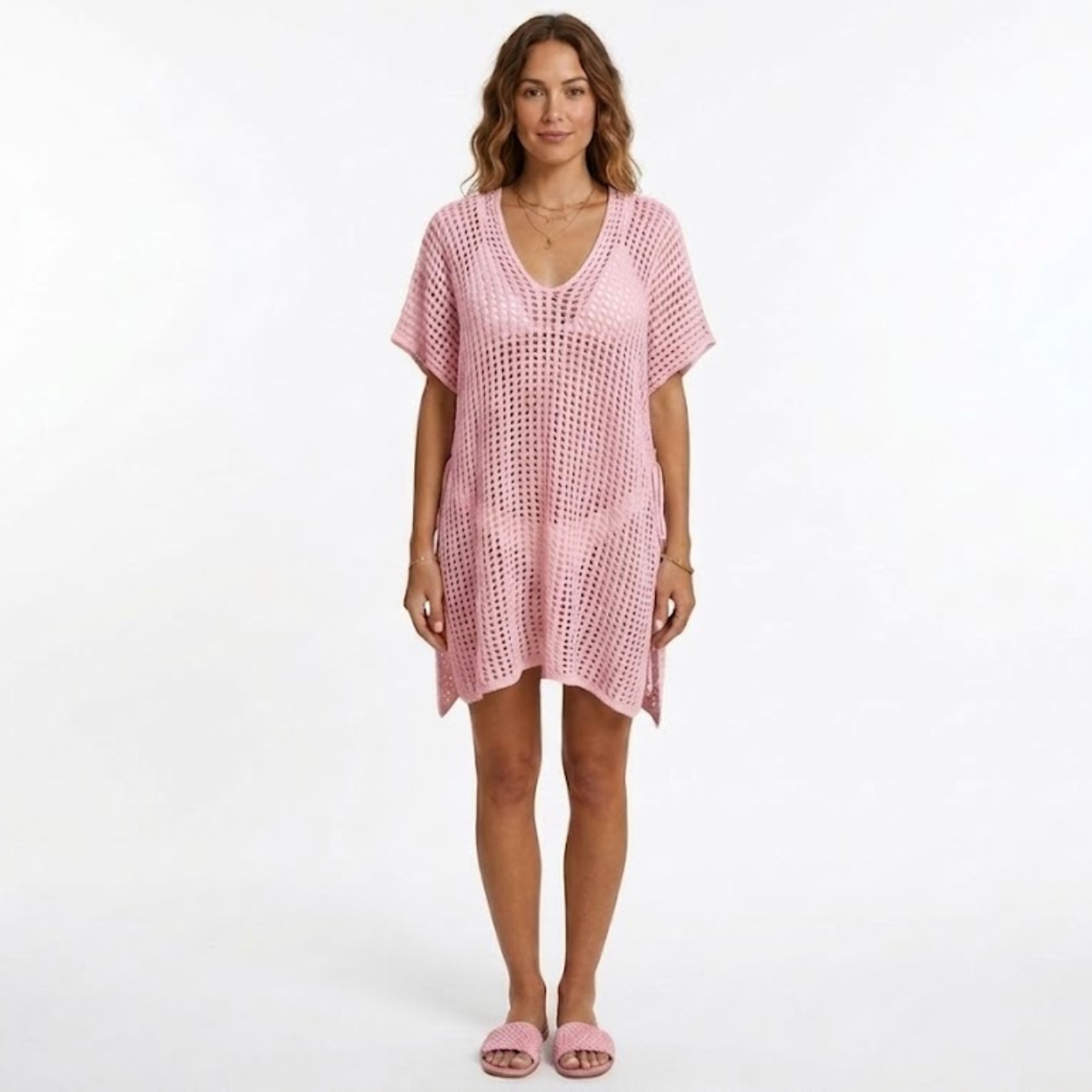Tunique de Plage Women's Beach Cover Up en Maille Crochetée à Manches Courtes