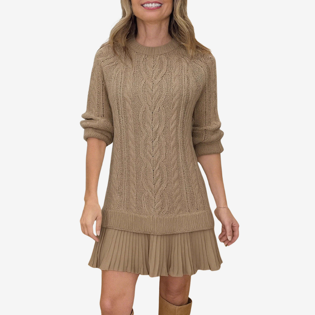 Robe Tricotée Femme avec Volant Plissé et Devant en Tricot à Cable