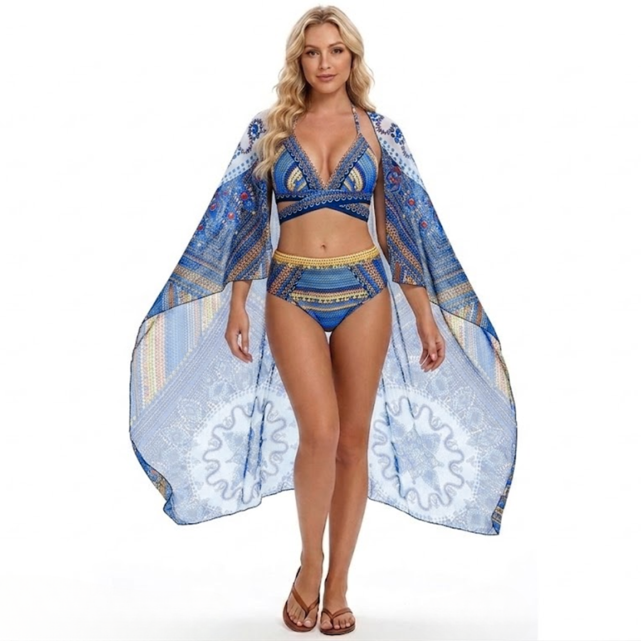 Bikini Taille Haute 3 Pièces avec Haut Triangle Halter et Kimono de Plage