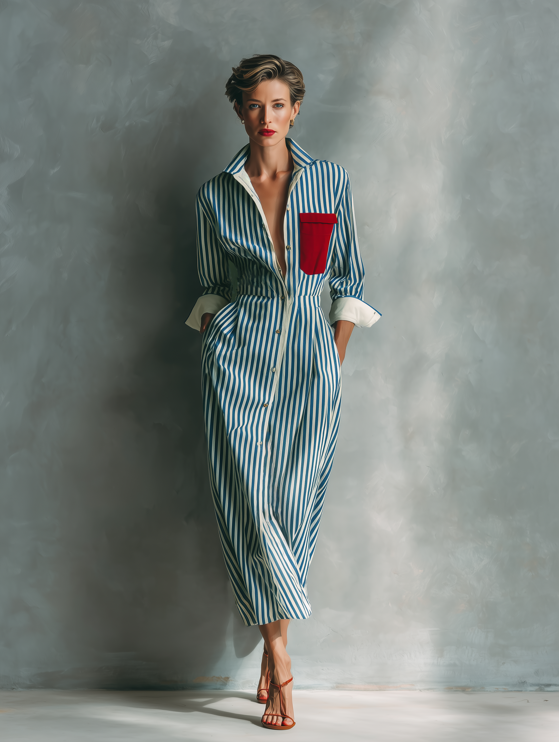 Robe chemise pour femmes en bleu et blanc avec poche poitrine rouge