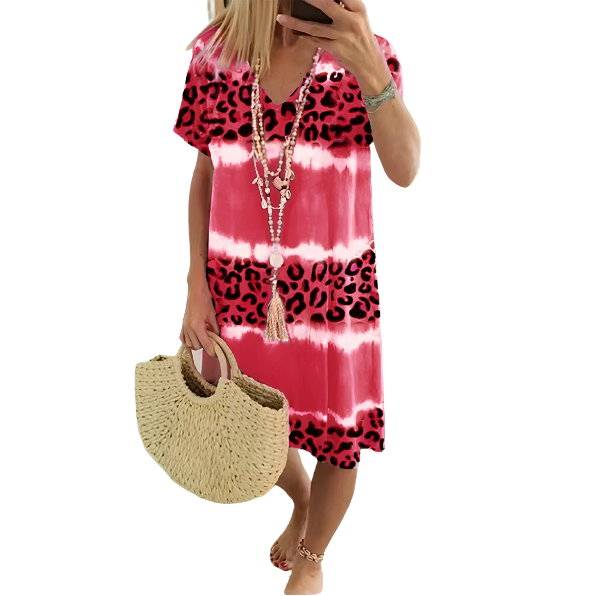 Kalissa | Robe de resort légère avec imprimé léopard tie-dye et décolleté en V