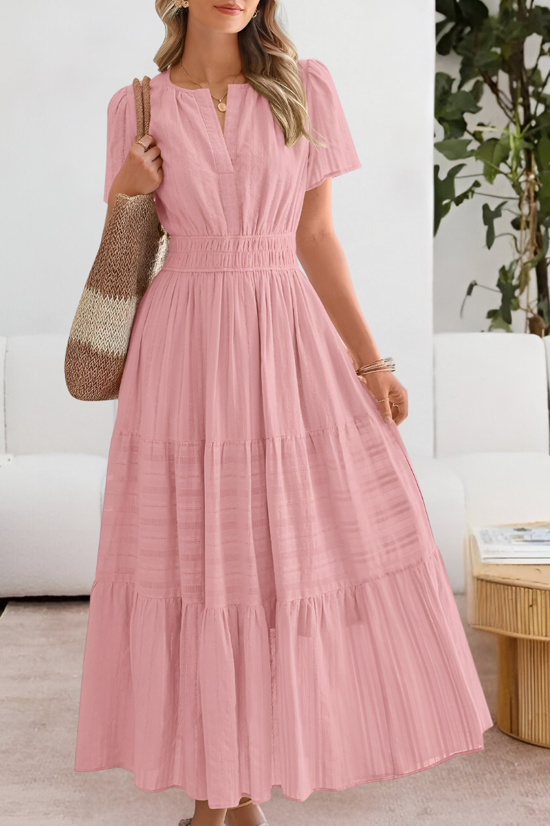 Robe Midi Boho pour Femmes | Manches Courtes Froncées