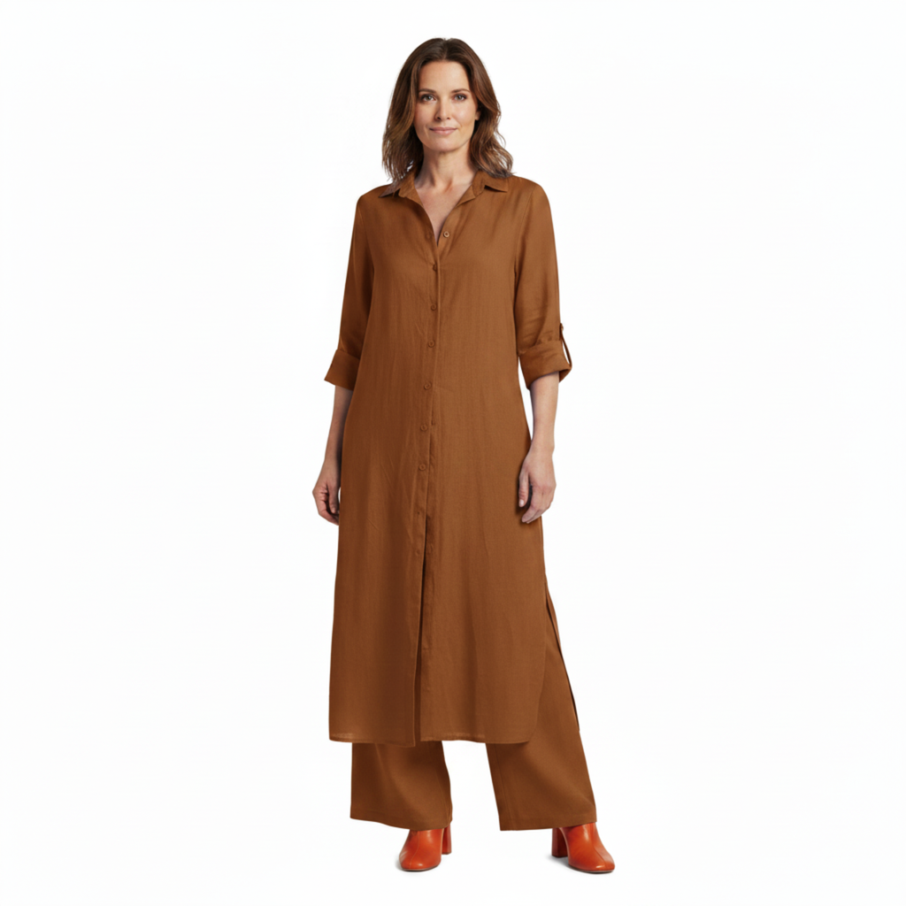Ensemble Coordonné Chemise Longue à Boutons et Pantalon Large en Lin Mélangé