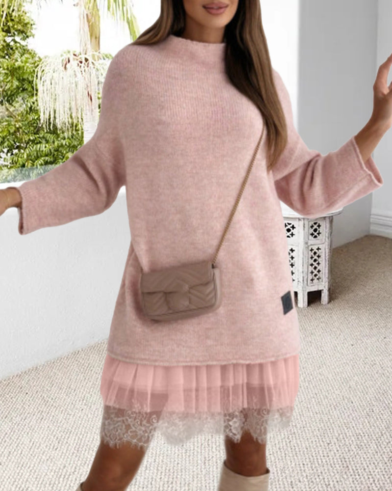 Ensemble de robe en maille à col haut de couleur unie décontractée