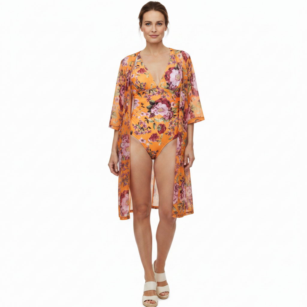 Maillot de Bain Une Pièce à Motif Floral avec Kimono Fluide pour Femme