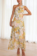 Robe Longue Asymétrique Plissée Avec Imprimé Floral Pour Femmes | Idéal Pour Cérémonies Et Événements D’été