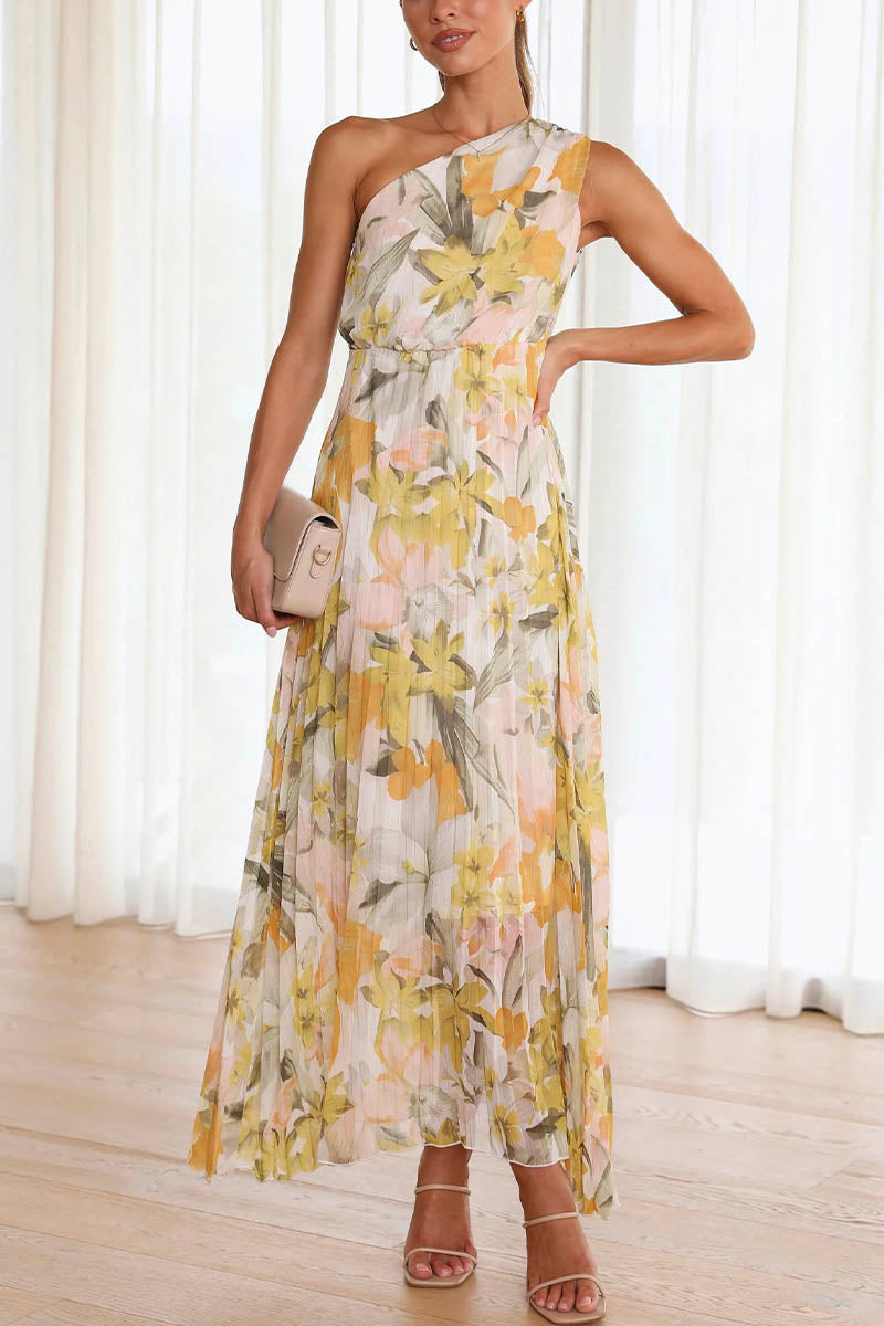 Robe Longue Asymétrique Plissée Avec Imprimé Floral Pour Femmes | Idéal Pour Cérémonies Et Événements D’été