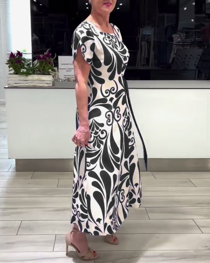 Robe élégante à imprimé contrasté à manches courtes