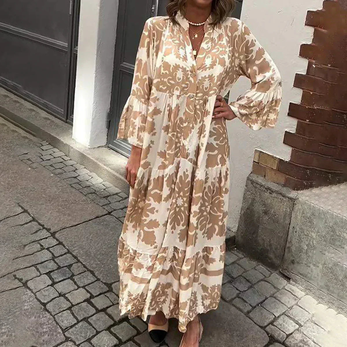 Kate | Robe Midi Imprimée Boho à Manches Longues pour Femmes