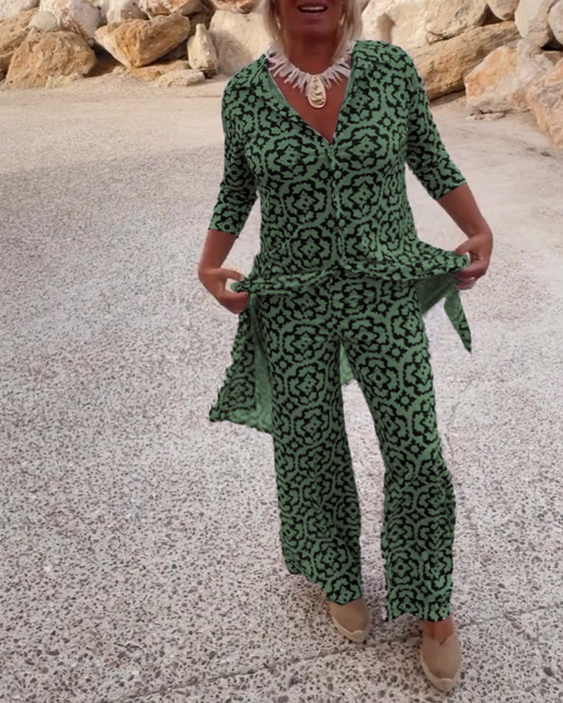 Mosa | Ensemble imprimé pour femmes, chemise longue et pantalon droit