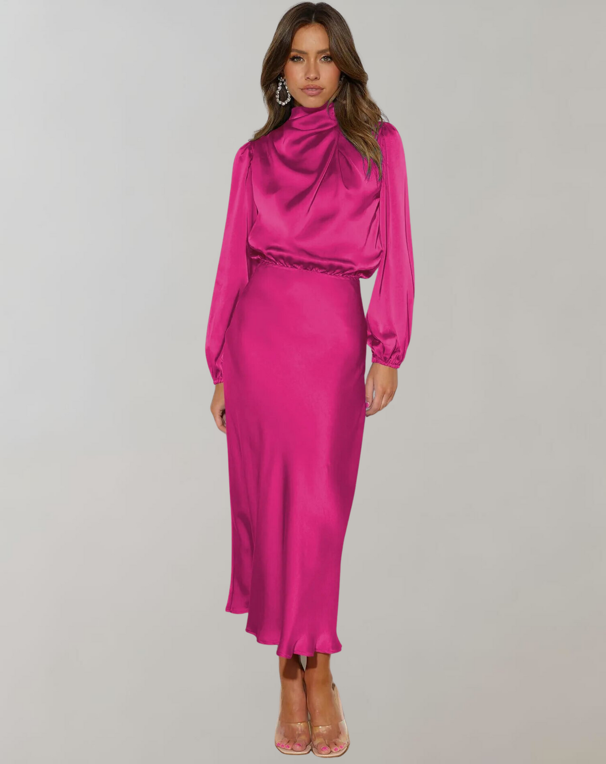 Robe en Satin pour Femme avec Col Montant et Manches Longues