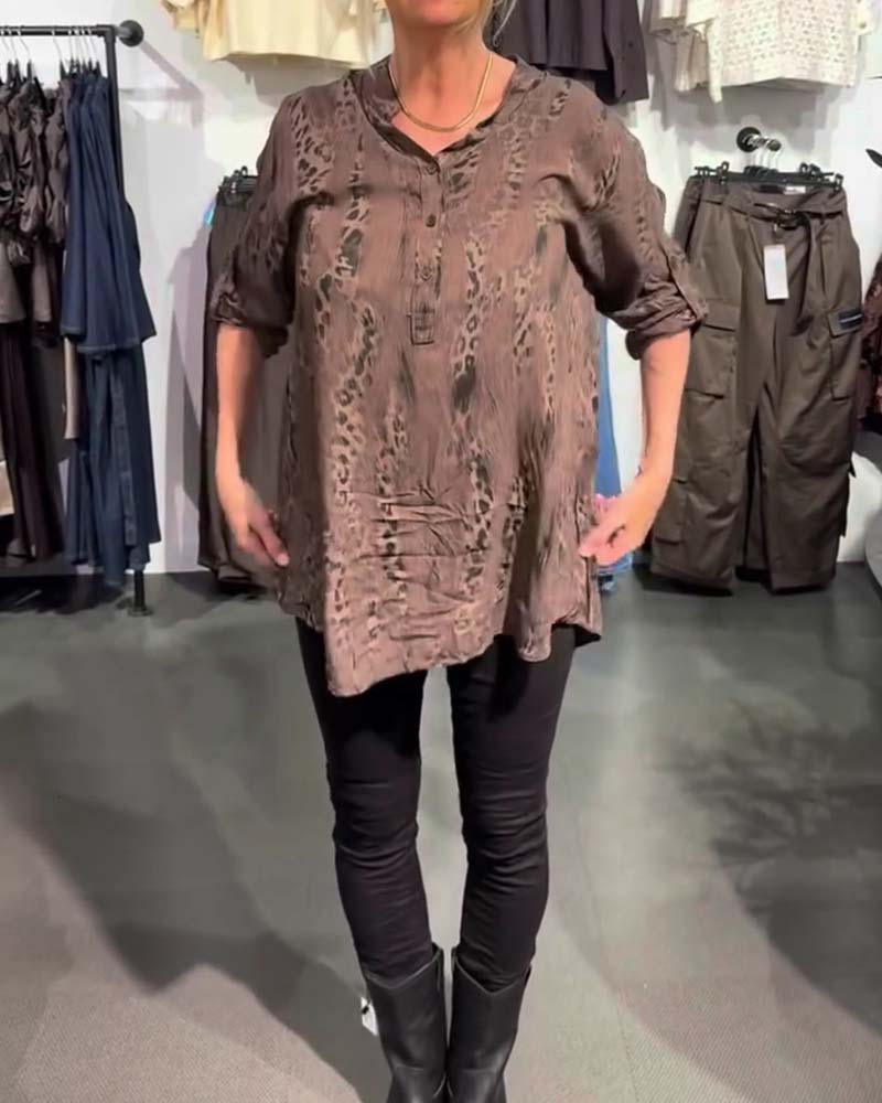 Blouse Col En V Bouton Devant Léopard Imprimé Décontractée
