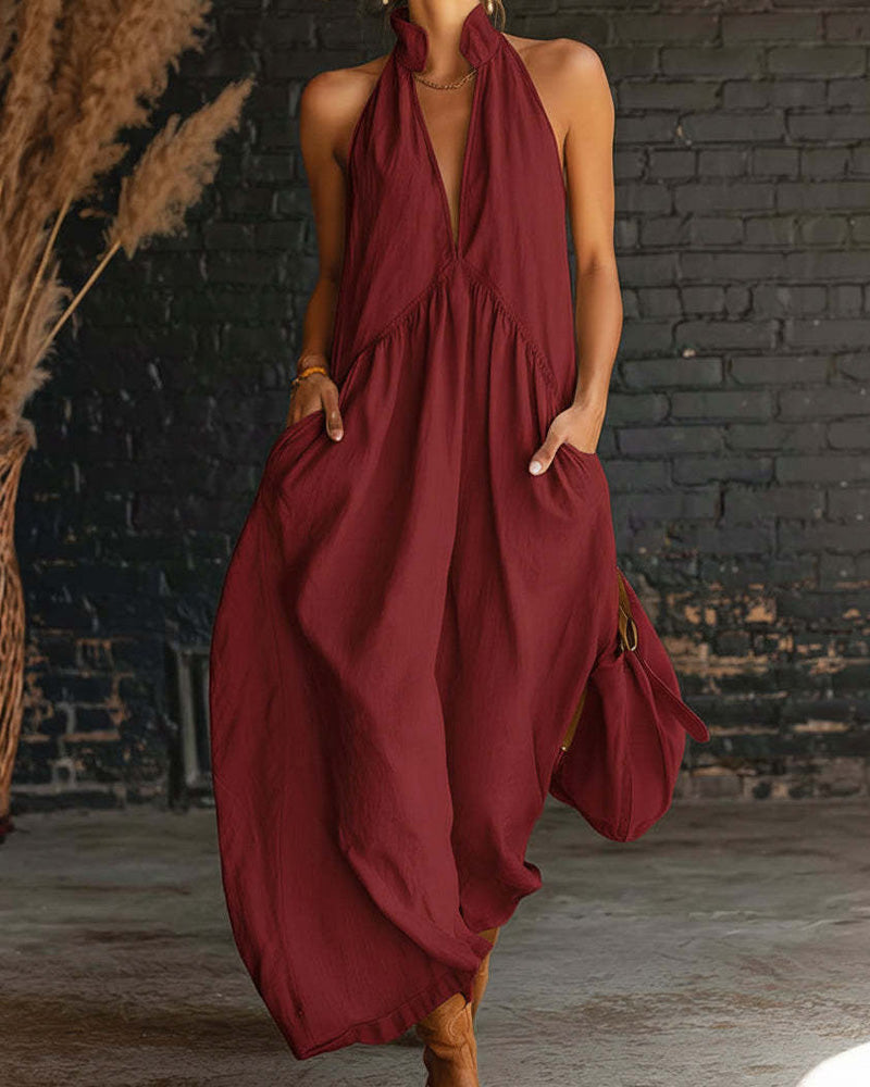 Robe Maxi Sans Manches en Coton 100% à Col Montant de Couleur Unie