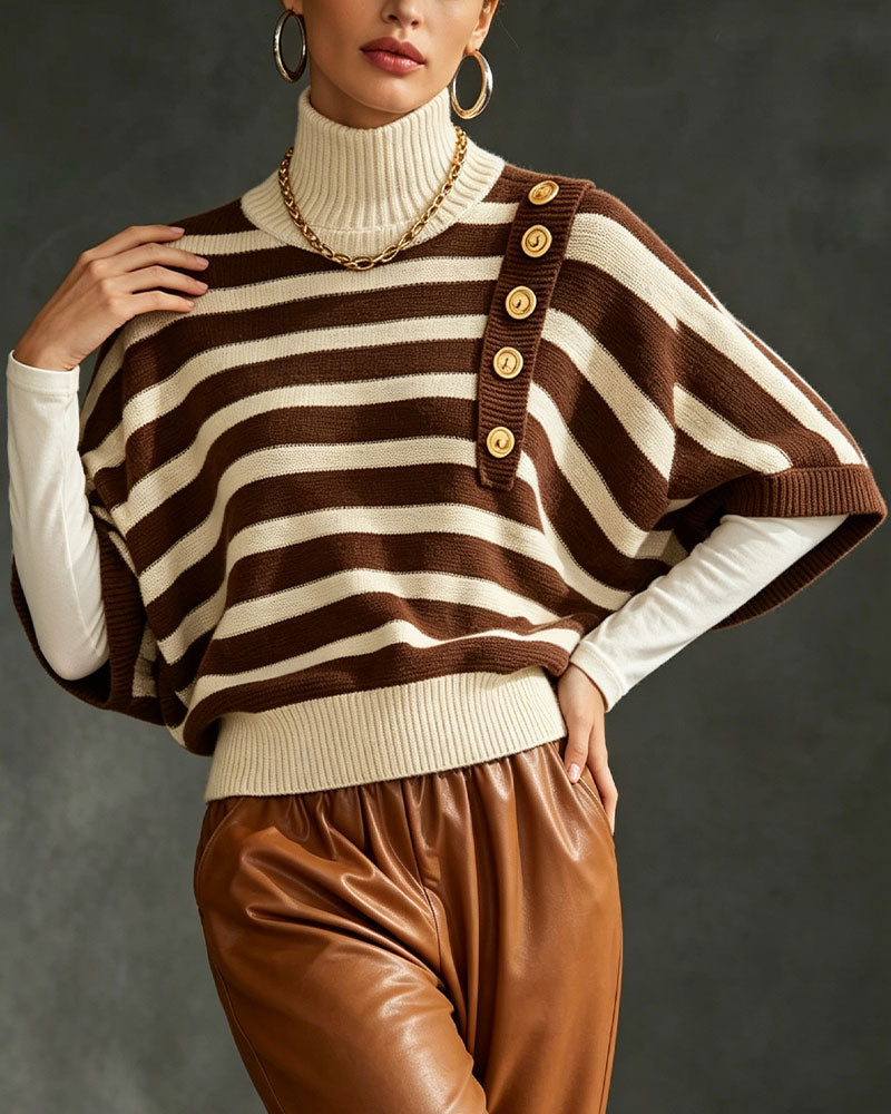Pullover Col Roulé Bouton Rayé Manches Mi-Longues Pull