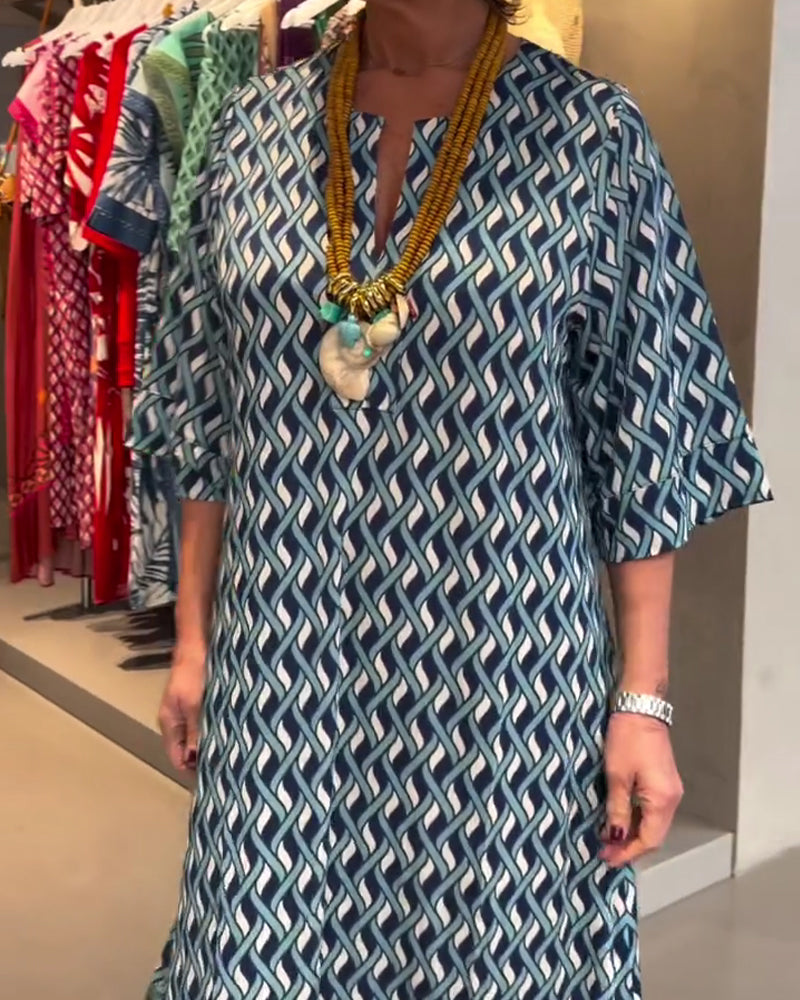 Robe Col En V Motif Diamant Droite Décontractée