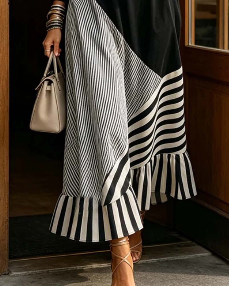 Robe Col V Rayure Patchwork Volant