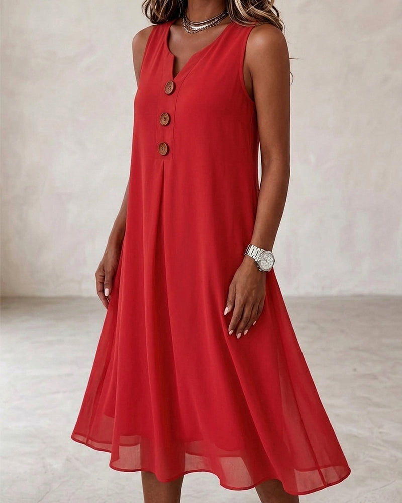 Robe Bouton Froncée Sans Manches