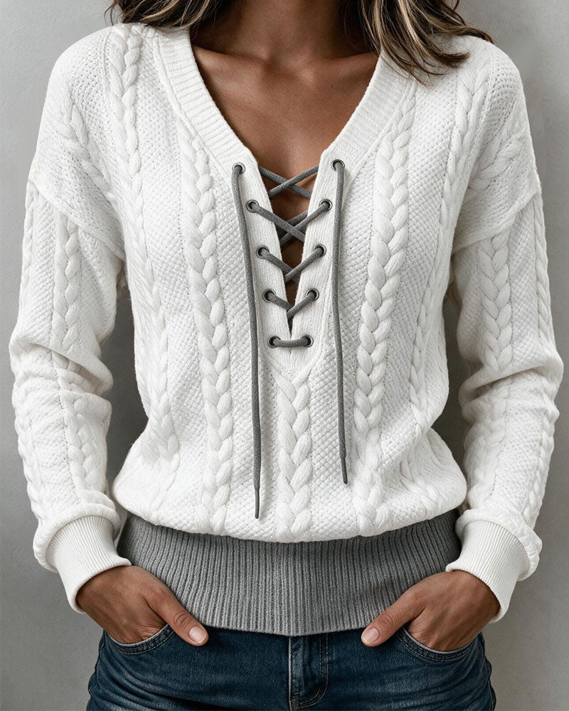 Blouse à Manches Longues en Tricot Câble avec Décolleté en V et Lacets