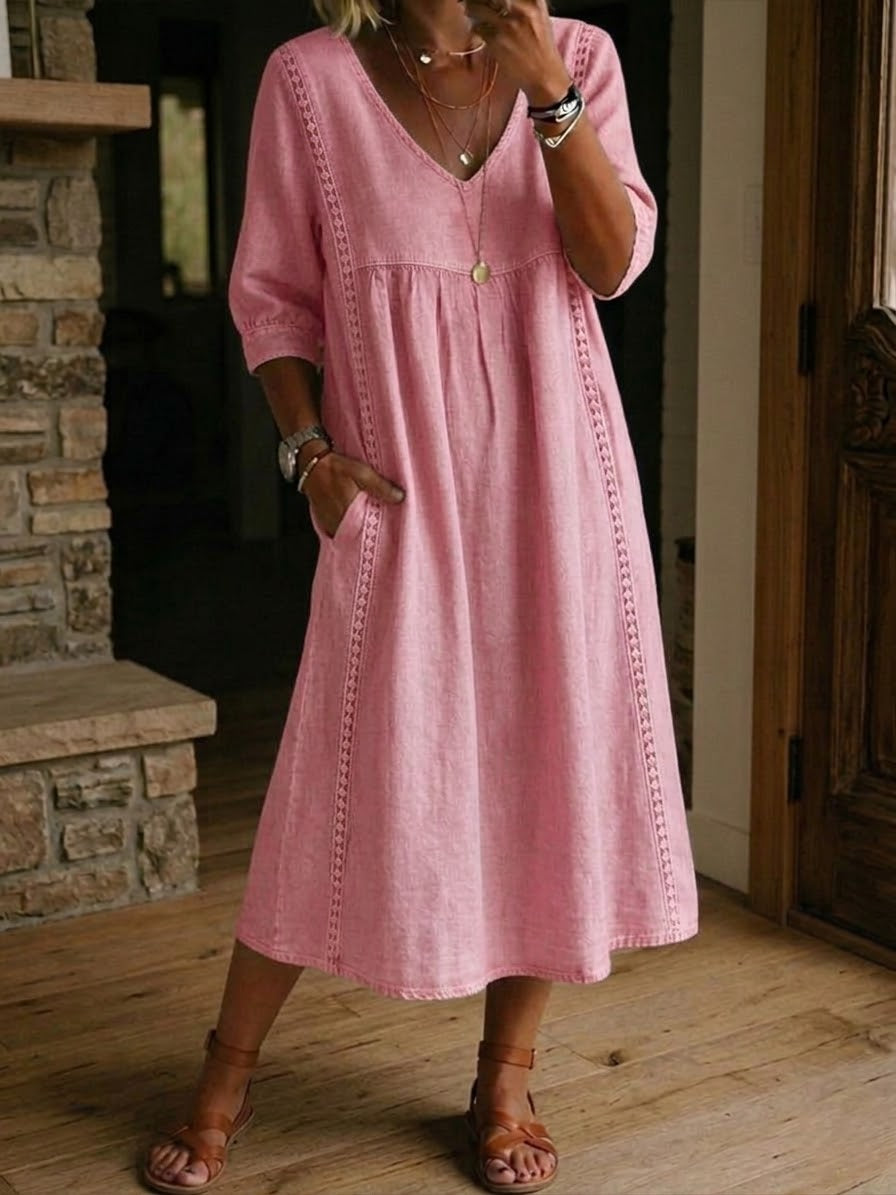 Robe femme coton-lin avec dentelle et col V