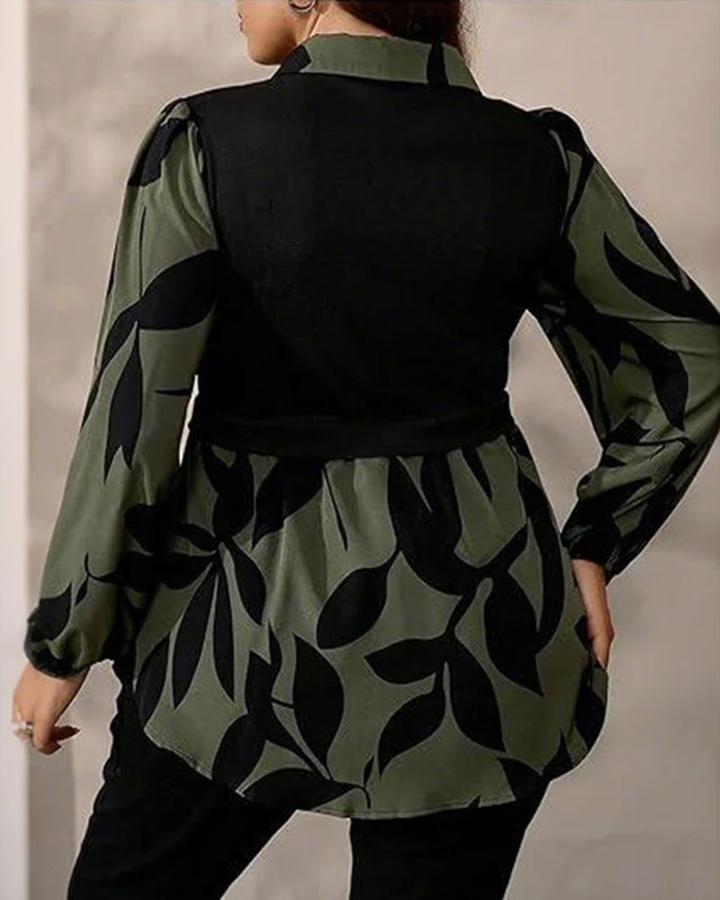 Haut Faux Deux-Pièces Patchwork Imprimé Feuille