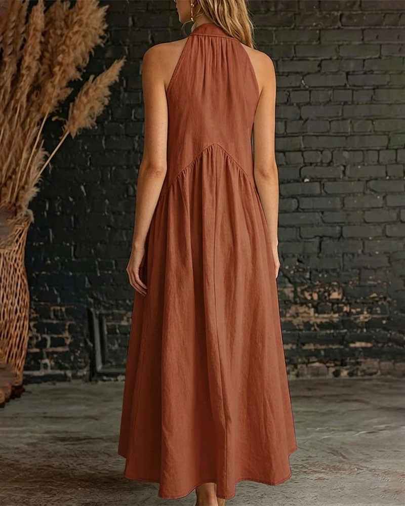 Robe Maxi Sans Manches en Coton 100% à Col Montant de Couleur Unie
