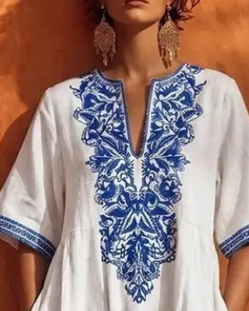 Robe Col En V Bohémienne Jupe Ample Poche