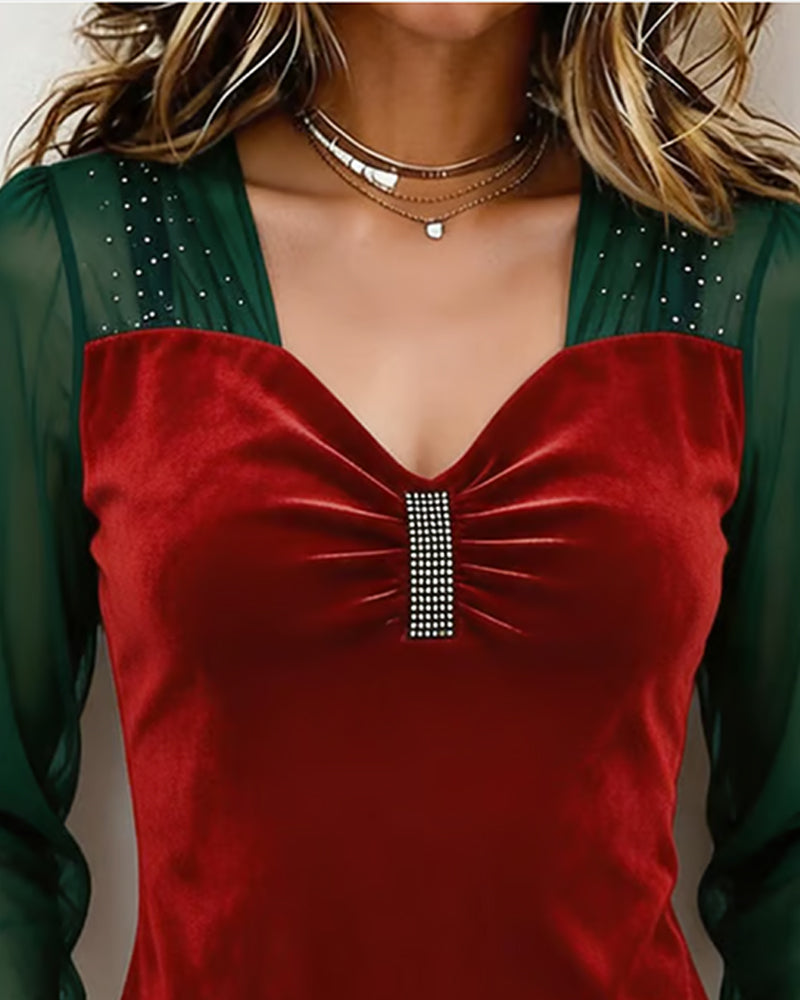 Blouse Slim-Fit à Encolure en V et Tissu Plissé Coloré