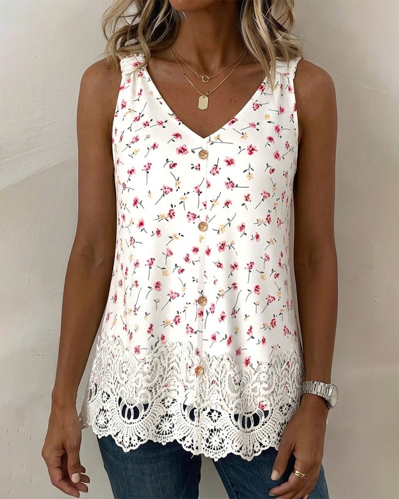 Débardeur Col V Bretelle Spaghetti Florale Dentelle Patchwork