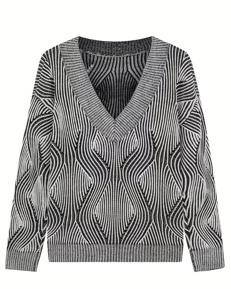 Pull Géométrique Rayé Col V Manches Longues