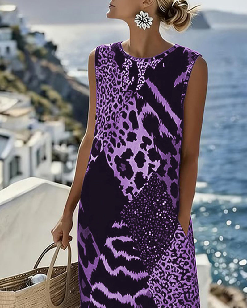 Robe longue sans manches à imprimé léopard en patchwork