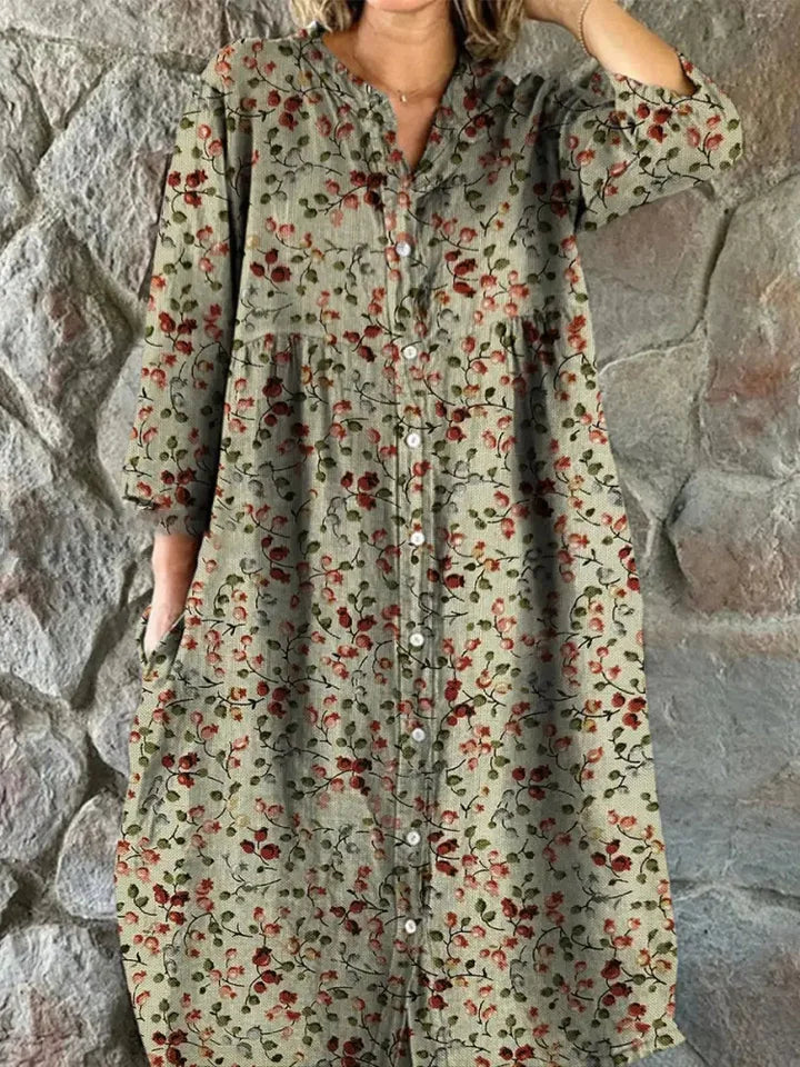 Robe Chemise Vintage Florale pour Femmes avec Poches