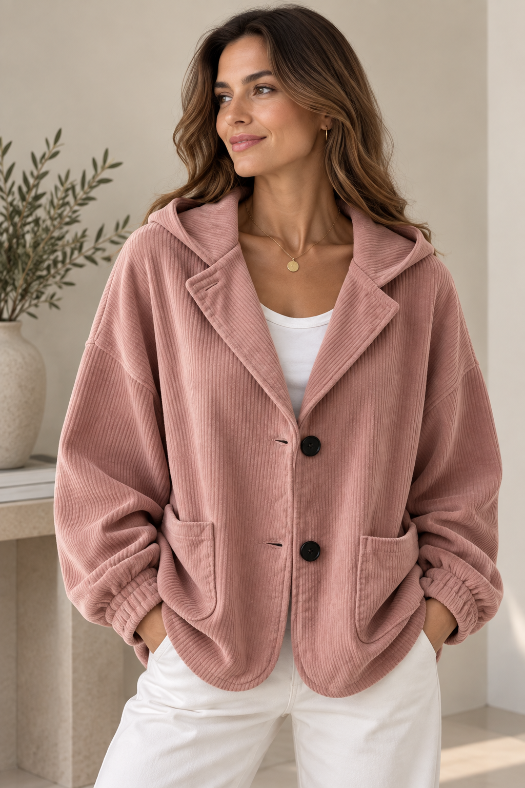 Veste oversize femme en velours côtelé à capuche