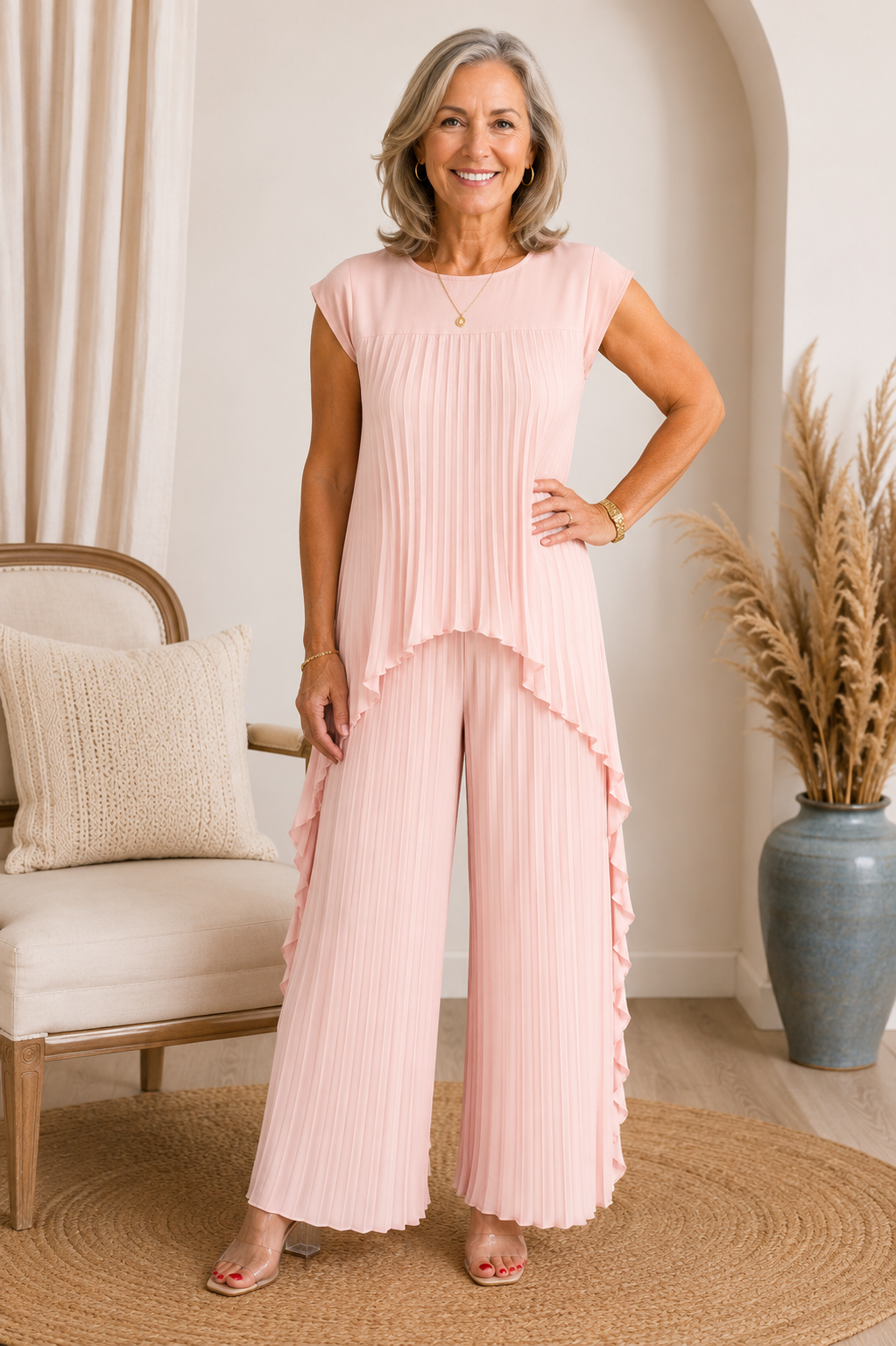 Ensemble femme plissé avec pantalon large et haut asymétrique