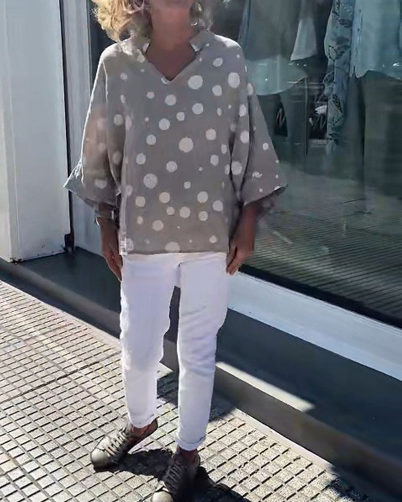 Blouse Col En V À Pois Manches Mi-Longues