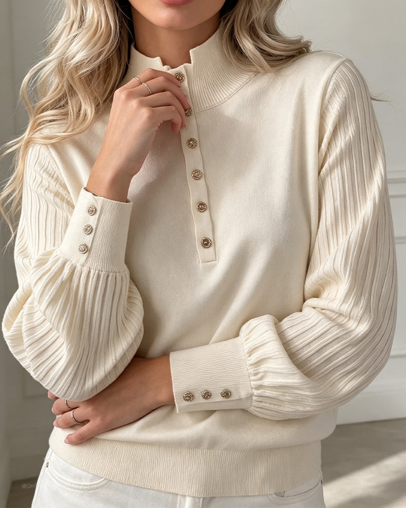 Pull Col Roulé Bouton Côtelé Manches Bouffantes