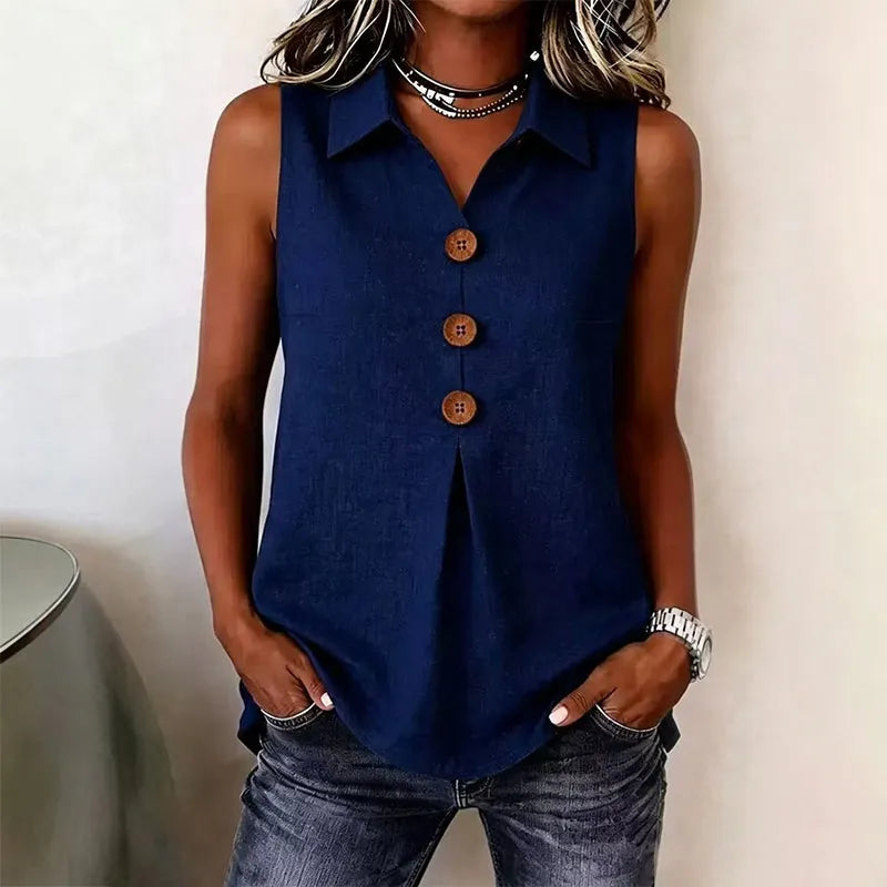 Chemise sans manches femme en coton avec boutons décoratifs